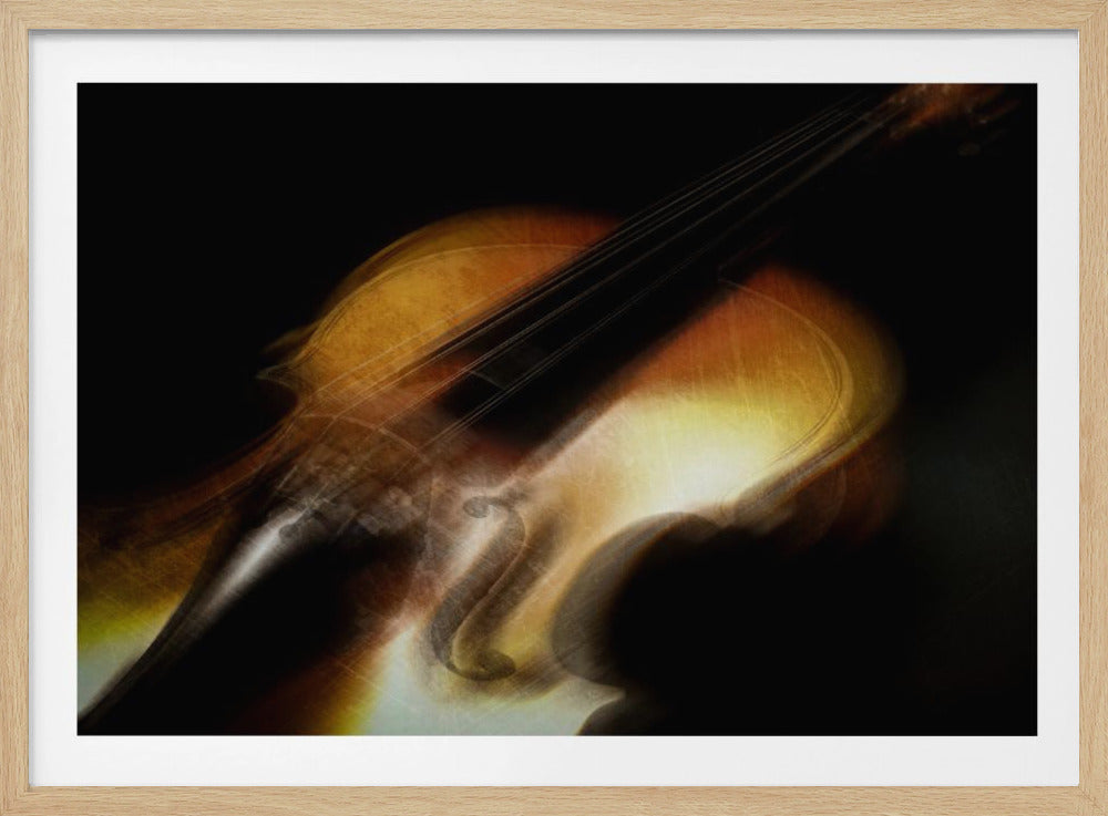 An abstract artistic image of a cello or similar string instrument, rendered with motion blur against a dark background. The warm, golden-brown tones of the instrument glow, creating a dynamic and moody feel. The piece is displayed in a silver frame. Poster