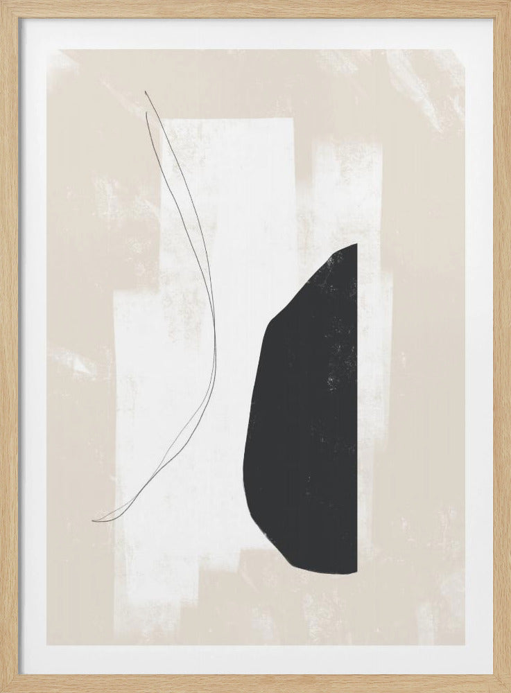 A framed minimalist abstract artwork featuring a textured beige background with vertical white brushstrokes. A large, solid black organic shape dominates the right side, while a single, delicate curving black line flows down the left side. Wall Art