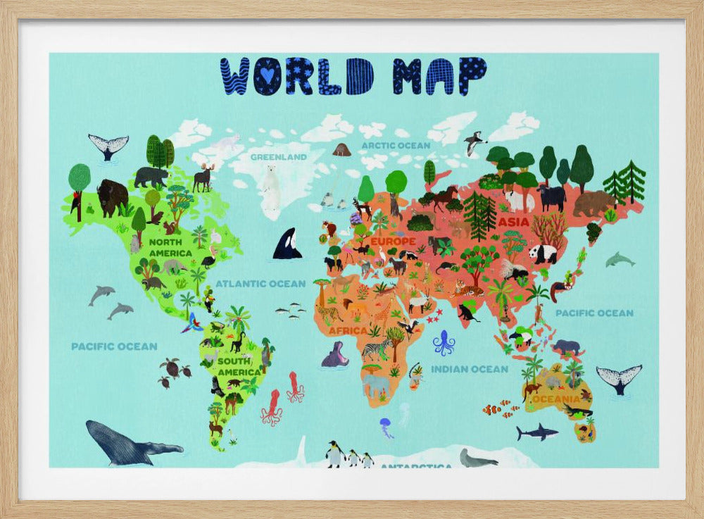 A colorful, illustrated world map for children, featuring continents populated with their native animals and plants. The map is set against a light blue ocean background with the title 'WORLD MAP' at the top in a playful blue font, all enclosed in a silver frame. Artwork
