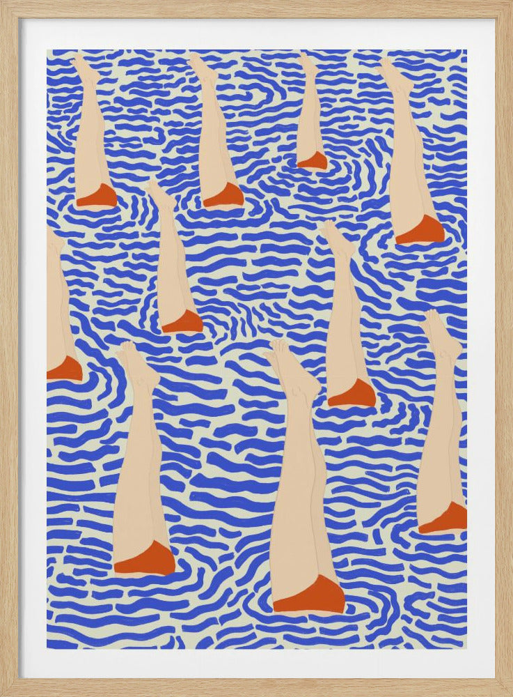 A graphic illustration featuring a pattern of swimmers' legs with orange feet sticking straight up out of stylized blue and cream rippling water. Artwork
