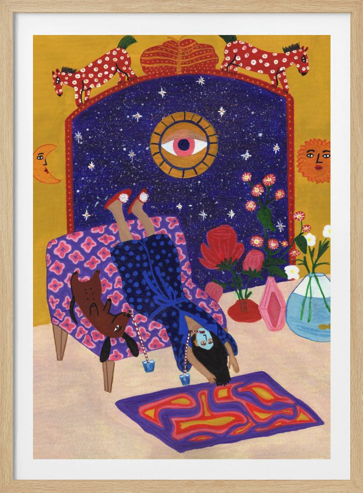 A whimsical, colorful folk art painting of a woman lying upside down on a patterned armchair with her dog. The scene is surreal, with a large, starry blue archway behind her featuring a central eye, flanked by a sun and moon with faces, and topped with two red spotted horses. The room is filled with vibrant flowers and patterned objects against a mustard yellow wall. Print