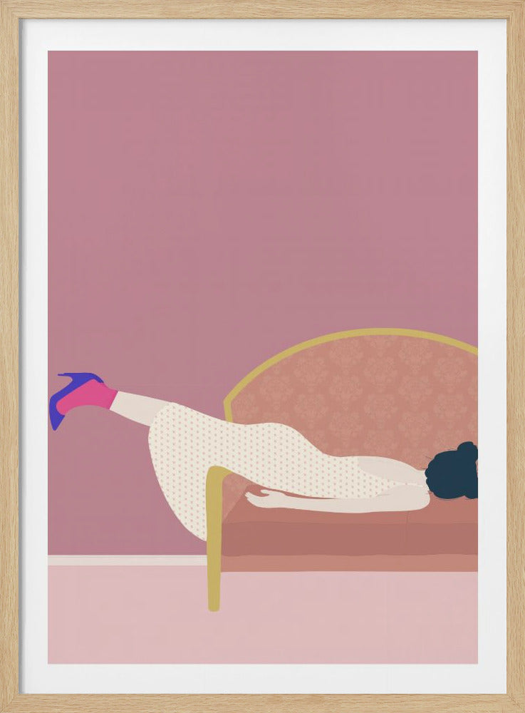 A minimalist illustration of a woman in a white polka-dot dress and a single blue high heel, lounging on a pink couch against a matching pink wall, all within a black frame. Decor