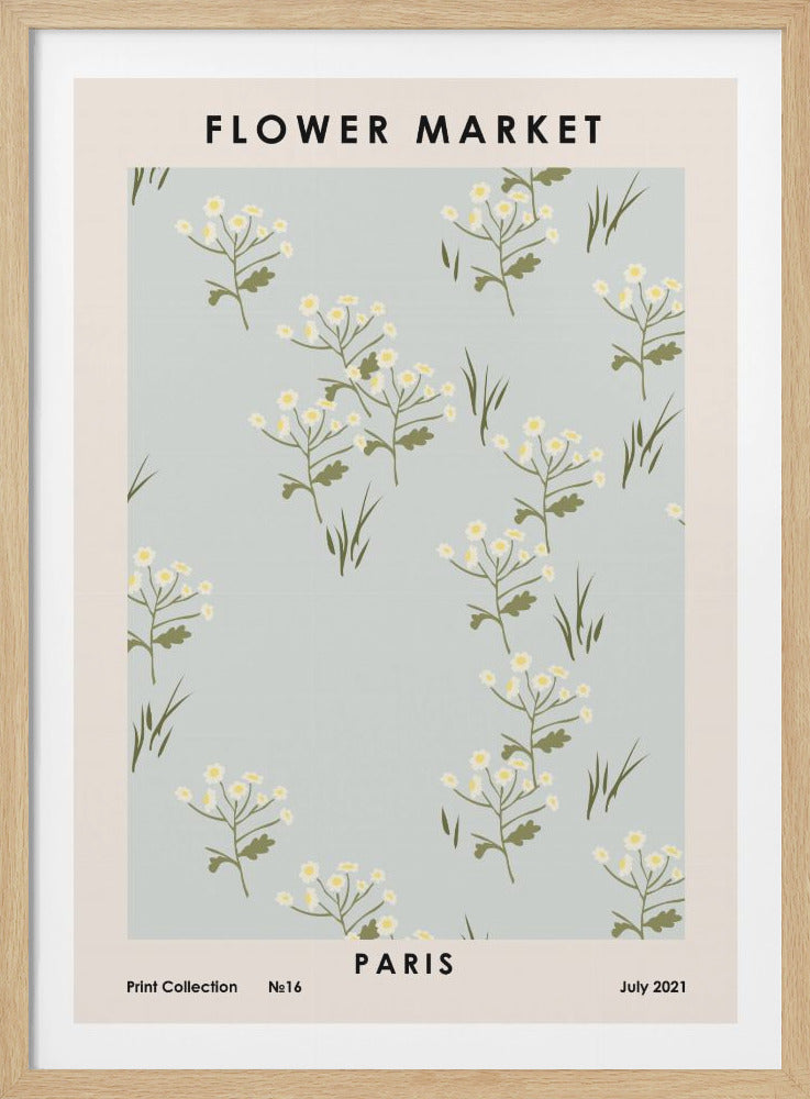 A vintage-style 'Flower Market' poster for Paris, featuring a repeating pattern of small white and yellow wildflowers with green leaves on a pale blue background. The print has a cream border and is housed in a simple black frame. Artwork
