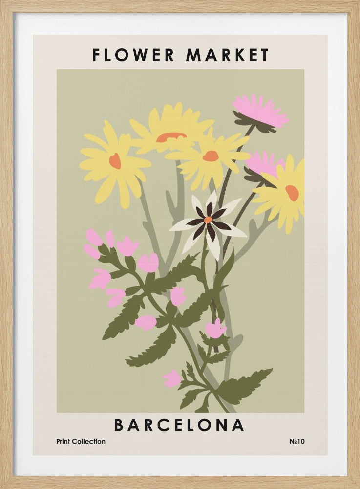 A vintage-style art print titled 'Flower Market Barcelona'. The illustration features a colorful bouquet of stylized yellow, pink, and white flowers against a sage green background, enclosed in a cream border and a thin black frame. Print