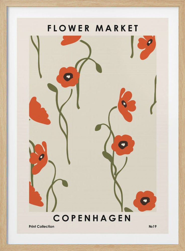 A framed art print titled 'Flower Market Copenhagen' featuring a minimalist illustration of red-orange poppies with olive green stems scattered across a light beige background. The text is in a black sans-serif font. Artwork