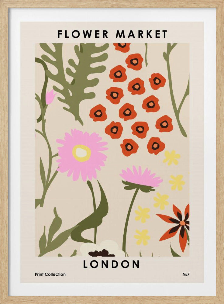 A vintage-style art print for the 'FLOWER MARKET LONDON'. The artwork features a collection of stylized flowers, including pink and yellow daisies and red poppies, with green leaves and stems on a light beige background, all framed in black. Wall Art
