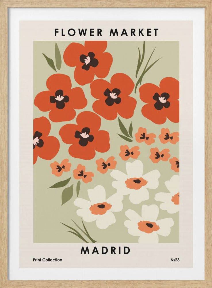 A vintage-style art print titled 'Flower Market Madrid' featuring a graphic illustration of red-orange poppies and white daisies on a sage green background, enclosed in a black frame. Decor