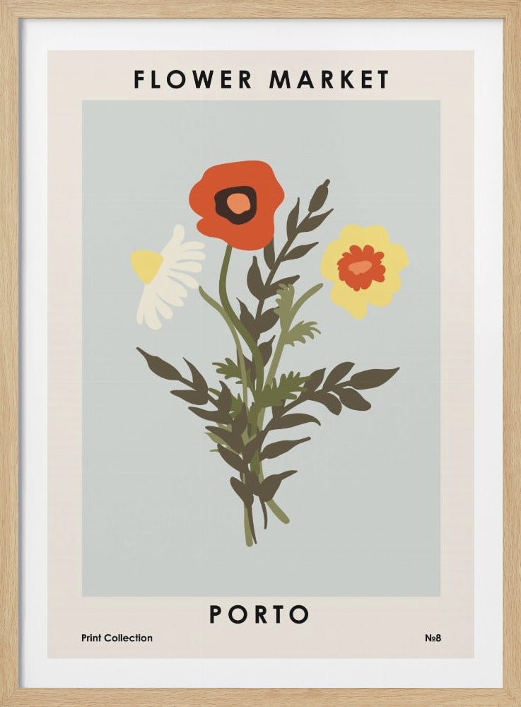 A vintage-style art print titled 'Flower Market Porto'. The poster features a colorful bouquet with a red poppy, a white daisy, and a yellow flower against a pale blue background. It has a cream-colored border and is set in a black frame. Wall Art