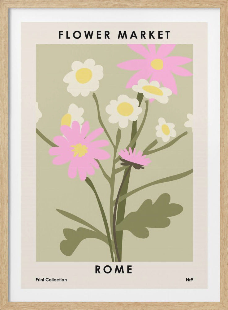 A vintage-style art print titled 'Flower Market Rome'. The illustration features a minimalist bouquet of pink and white daisies with yellow centers against a sage green background. The poster has a cream border with black text and is enclosed in a thin black frame. Artwork