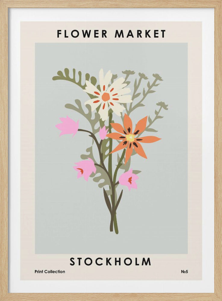 A vintage-style 'Flower Market Stockholm' art print. It features a minimalist illustration of a flower bouquet with white, orange, and pink blossoms against a muted light blue background, all enclosed by a cream border and black frame. Wall Art