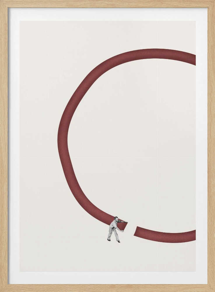 Minimalist collage of a tiny man breaking a large red circle against a cream background.