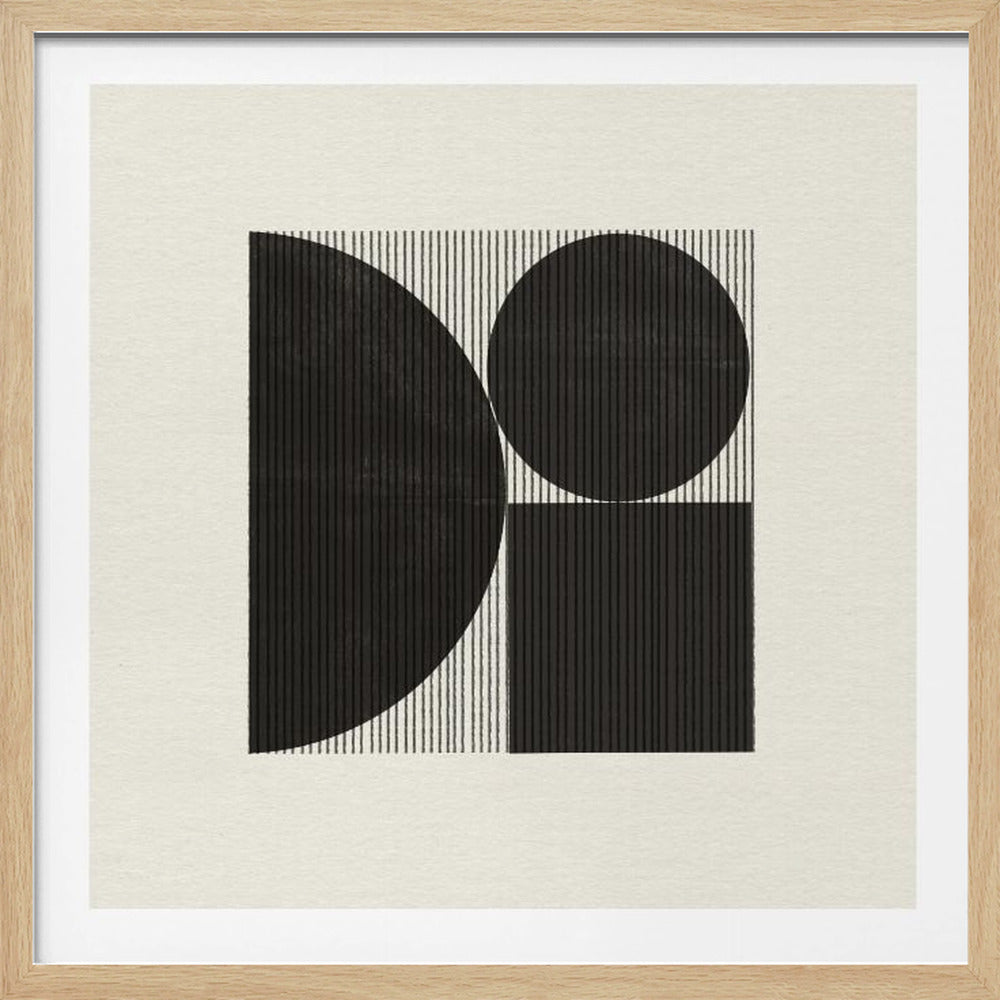 A modern abstract art print in a light wood frame. The black and white composition features large geometric shapes—a semi-circle on the left, a circle on the upper right, and a square on the lower right—all filled with a dense pattern of vertical black lines against a background of thinner vertical stripes on textured cream paper. Poster