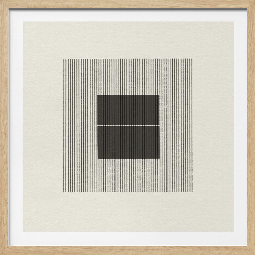 A minimalist abstract art print in a light wood frame. The artwork on off-white paper consists of a large square made of thin vertical black lines. In the center, a solid black square is split in half by a thin horizontal white line. Artwork