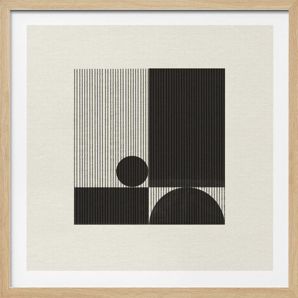 A framed abstract art piece featuring a black and cream geometric composition. The design is divided into four sections with vertical lines, a solid black circle, and a semi-circle, creating a minimalist and balanced visual. Print