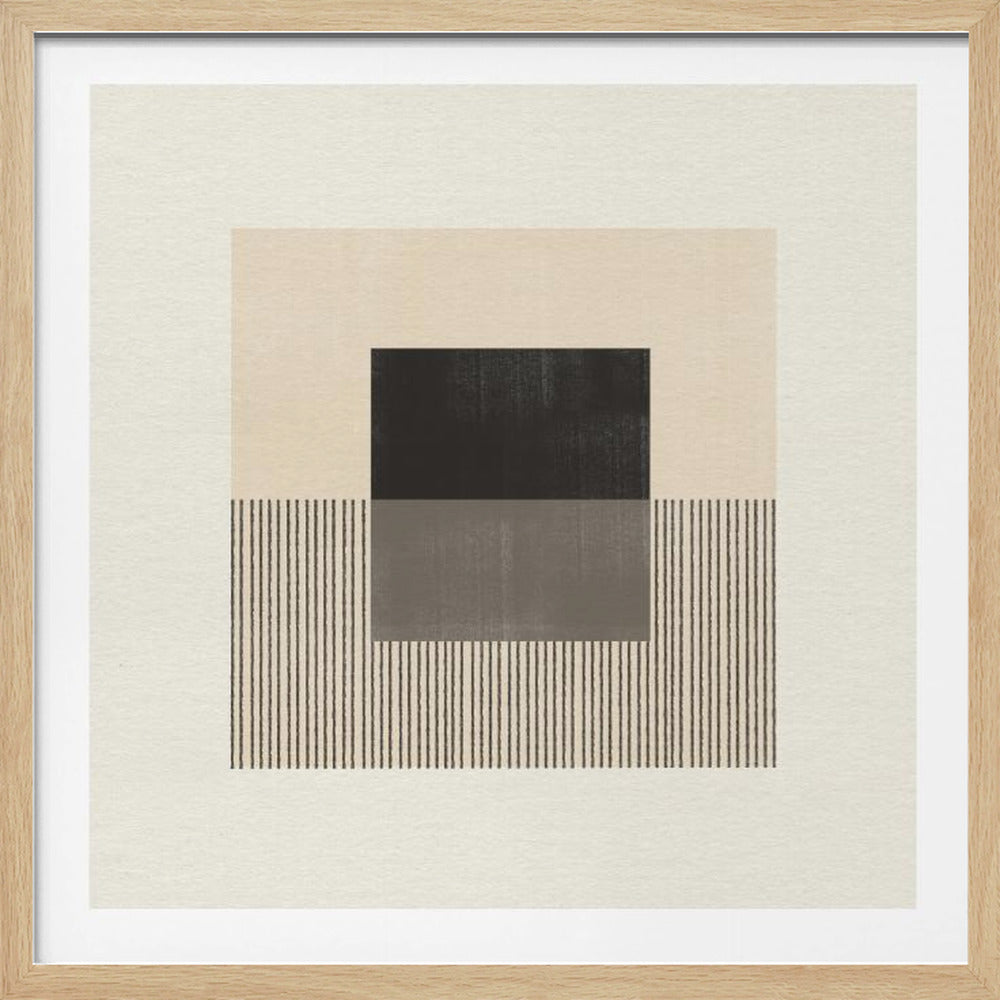 A minimalist abstract artwork in a light wood frame. The piece features a central composition of geometric shapes in a neutral palette of beige, black, and grey. A large beige rectangle sits above a field of thin vertical black stripes, with a central, two-toned square overlapping them. Print