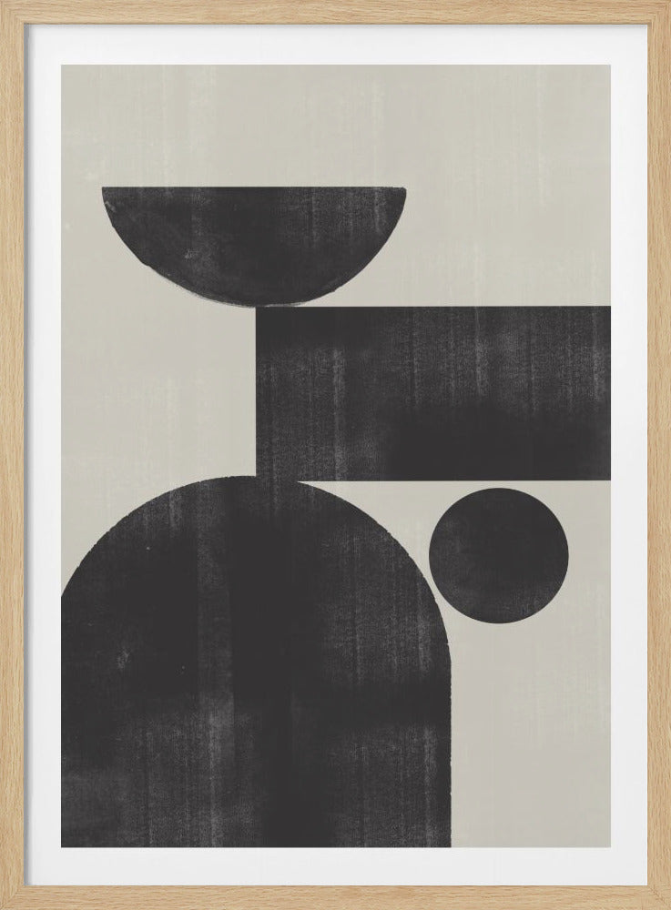 A minimalist abstract art piece with textured black geometric shapes against a light beige background, all within a thin black frame. The composition includes a large semi-circle at the bottom, a horizontal rectangle, a smaller semi-circle at the top, and a small circle on the right. Artwork