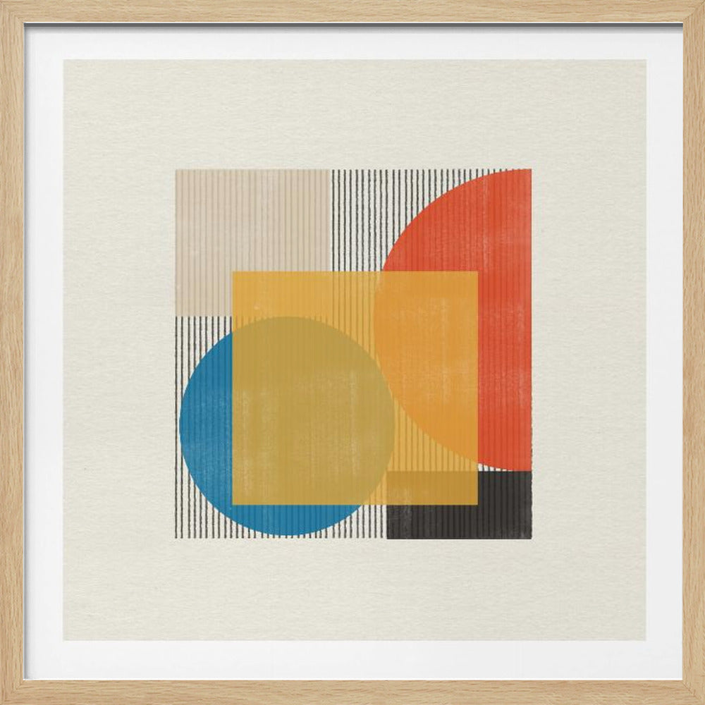 A framed abstract artwork featuring overlapping geometric shapes in primary colors. A large yellow square is layered over a blue circle and under a red semi-circle, set against a background of vertical black and beige stripes on a cream-colored paper. Artwork