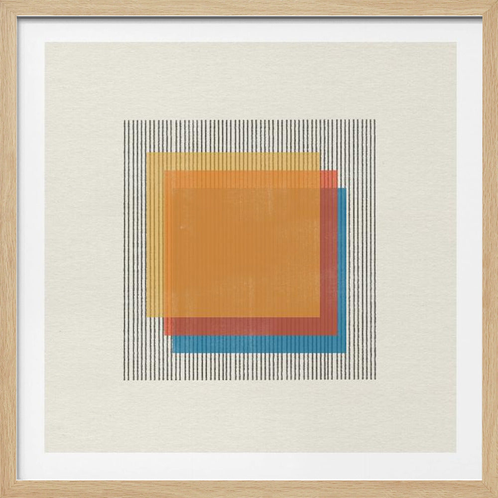 A modern abstract art print in a light wood frame. The design features several overlapping, translucent squares in shades of orange, yellow, red, and blue, set against a background of thin, vertical black stripes on a cream-colored, textured paper. Decor