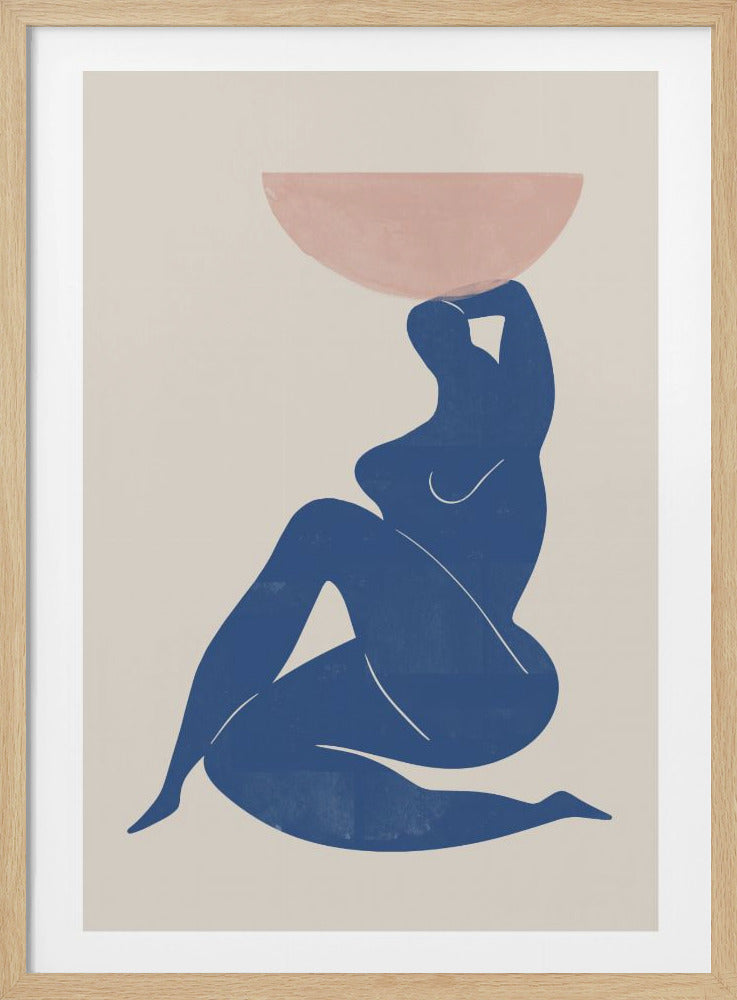 A minimalist art print featuring a stylized, solid blue silhouette of a curvy woman sitting and holding a large pink bowl over her head. The background is a soft beige, and the artwork is enclosed in a simple black frame. Poster