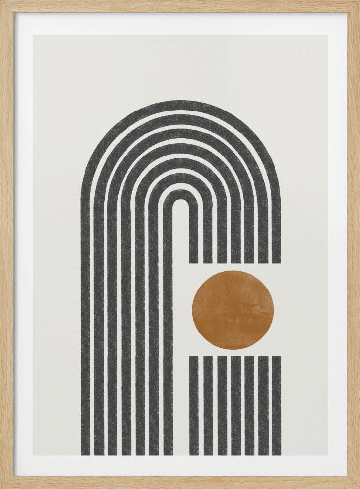 A modern abstract art print in a black frame, featuring a large, segmented arch made of parallel dark grey lines on an off-white background. The composition is interrupted by a solid ochre-colored circle placed in the center-right, with a block of vertical grey lines below it. Decor