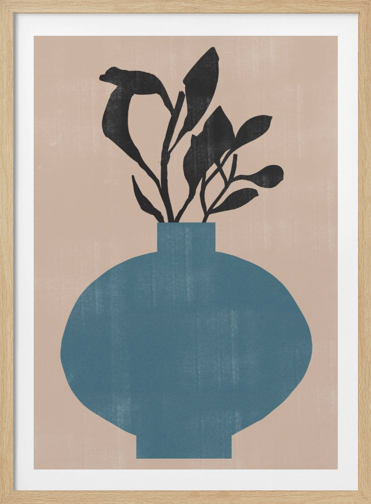 A minimalist abstract artwork of a black plant silhouette in a large, rounded blue vase. The background is a solid, textured beige, and the entire piece is displayed within a simple black frame. Artwork