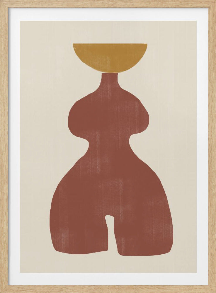 A minimalist abstract painting featuring a rust-brown, curvaceous silhouette resembling a human figure or a vase. The figure is balancing a mustard-yellow semi-circle on its top against a textured, off-white background, all enclosed in a simple black frame. Poster