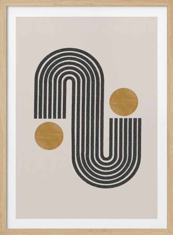 A framed abstract art piece featuring a series of parallel black lines forming a continuous S-curve of arches against a light beige background. Two solid mustard-yellow circles are placed symmetrically on either side of the black shapes. Print
