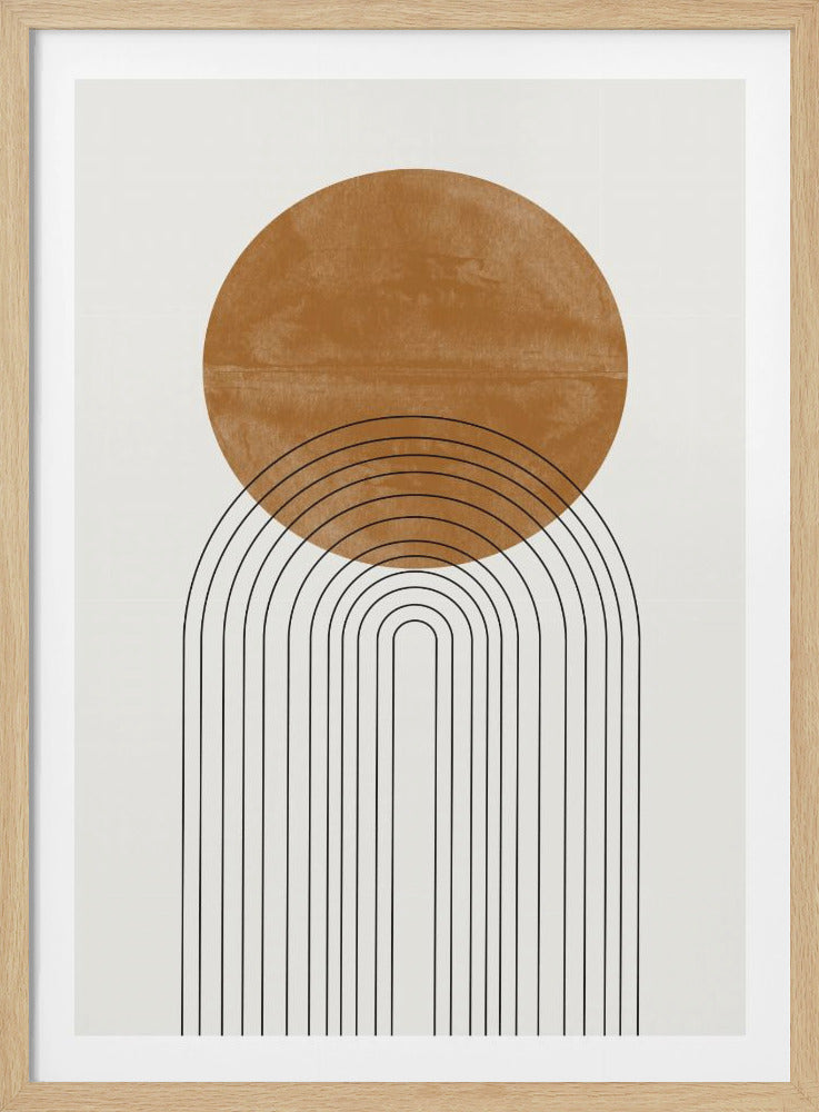 A minimalist abstract art print in a black frame, featuring a large textured terracotta circle, resembling a sun, partially covered by a series of thin, concentric black arches against a light neutral background. Print