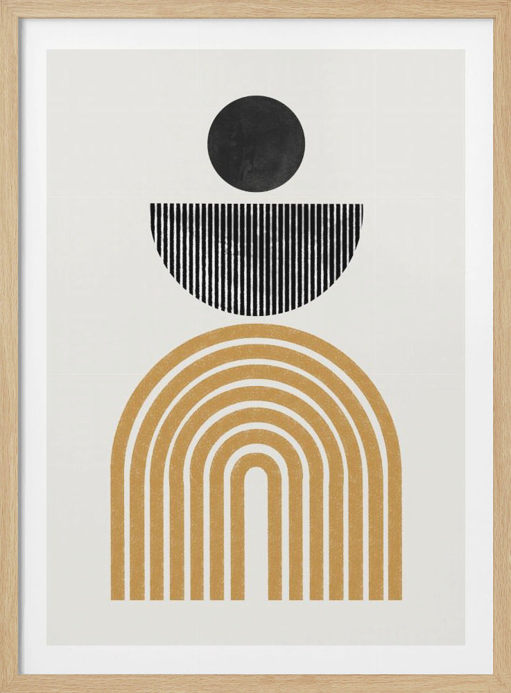 A modern abstract art print in a thin black frame. On an off-white background, a series of stacked geometric shapes are arranged vertically. At the bottom is a large, textured golden-yellow rainbow or arch shape. Above this sits a black semi-circle with vertical pinstripes, and at the top is a solid black circle. Wall Art