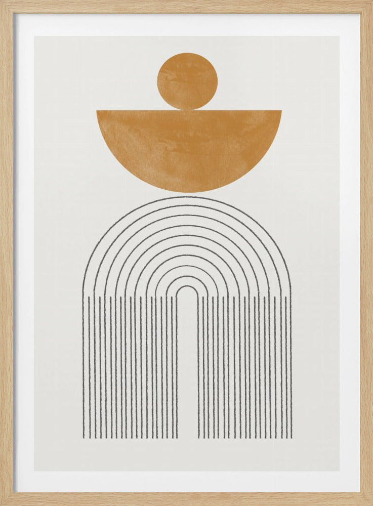 A minimalist abstract artwork featuring geometric shapes. On a light background, a large arch made of thin, concentric gray lines extends downwards into parallel vertical lines. Above this arch sits a solid, textured ochre semi-circle, with a smaller solid ochre circle balanced on top. Poster