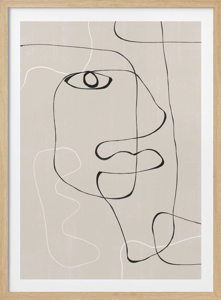 A minimalist abstract line drawing of a human face, created with continuous black and white lines on a solid beige background, framed in black. Wall Art