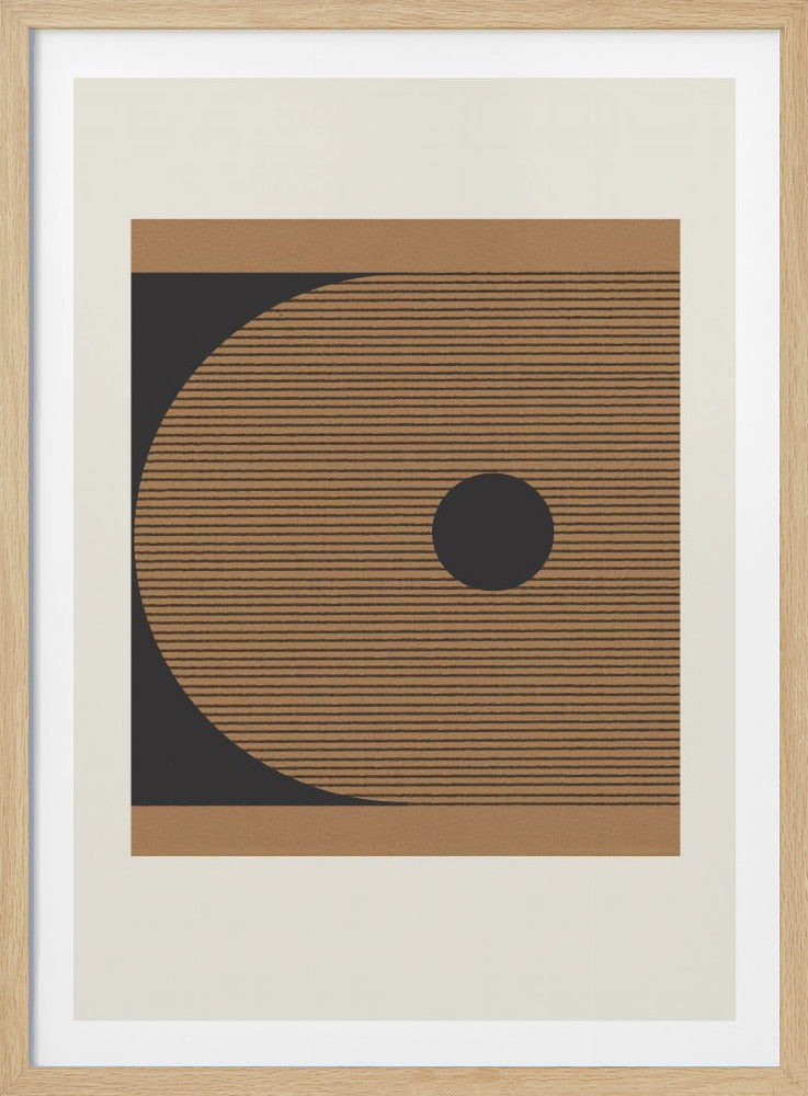An abstract geometric art print in a black frame with an off-white mat. The artwork features a large, brown, semi-circular shape filled with horizontal black lines, set against a dark grey background. A solid black circle is positioned within the striped brown shape. Poster