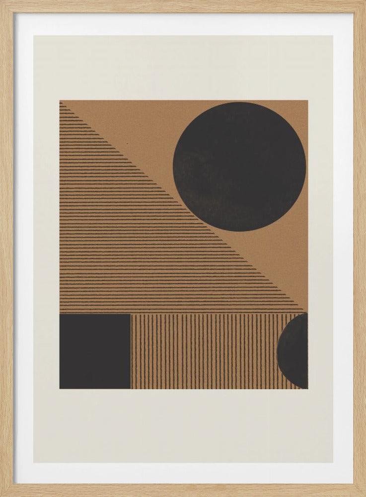 A framed abstract art piece featuring a composition of black geometric shapes and lines on a tan, textured background. A large black circle is in the top right, a triangle filled with horizontal black lines is on the left, and a black square and a section of vertical lines are at the bottom. Wall Art