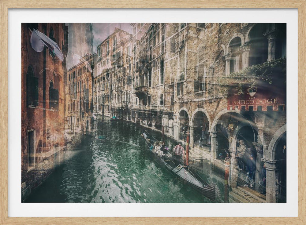 A stylized and layered artistic image of a Venetian canal, framed in silver. Historic brick buildings line the dark green water, where a gondola carries passengers. The scene has a vintage, textured feel with a soft, hazy light. Print