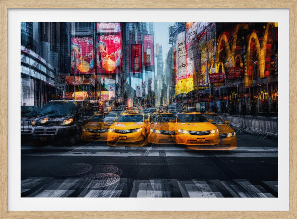 A dynamic multiple-exposure photograph of Times Square in New York City, featuring a line of iconic yellow taxi cabs on a crosswalk. The background is a blur of towering skyscrapers and vibrant, glowing billboards for brands like Coca-Cola and McDonald's, creating a sense of bustling city life and movement. Poster