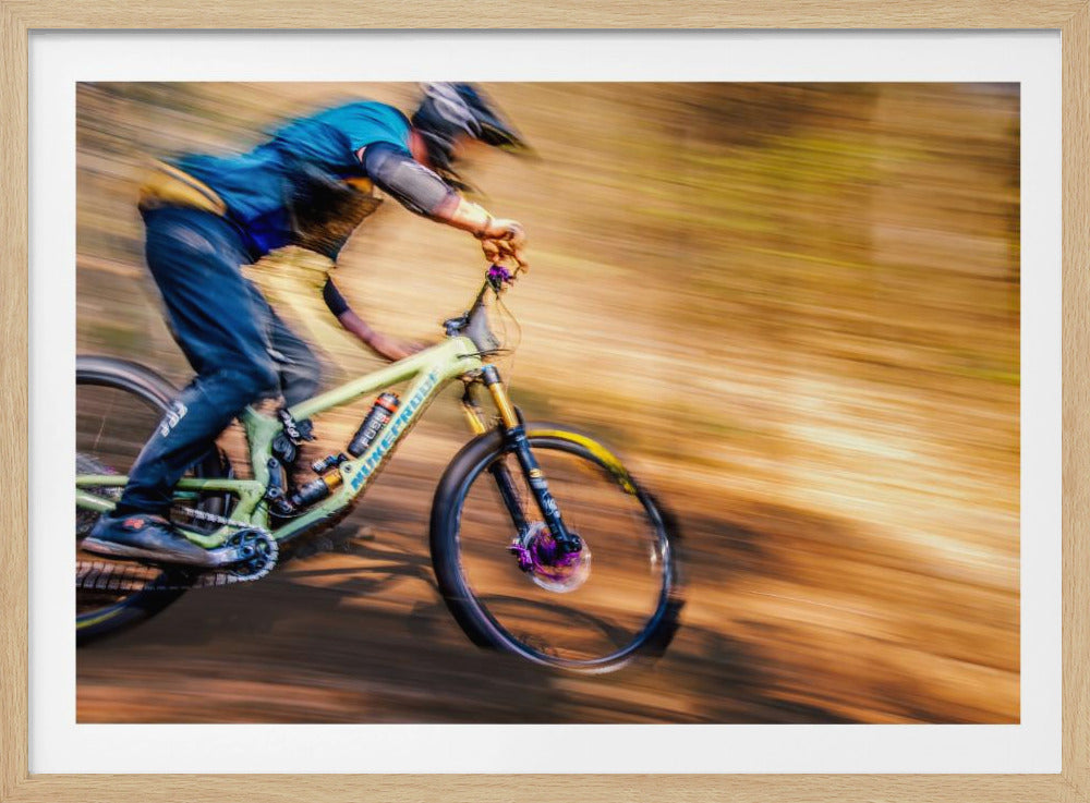 An action shot of a mountain biker in full gear speeding down a dirt trail, captured with a motion blur effect that streaks the brown and green background, conveying a sense of intense speed. Poster