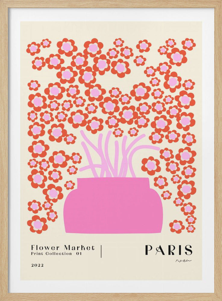 A modern graphic art print of a pink vase overflowing with stylized red and pink flowers against a cream background. The poster is titled 'Flower Market Paris' and is set within a thin black frame. Wall Art