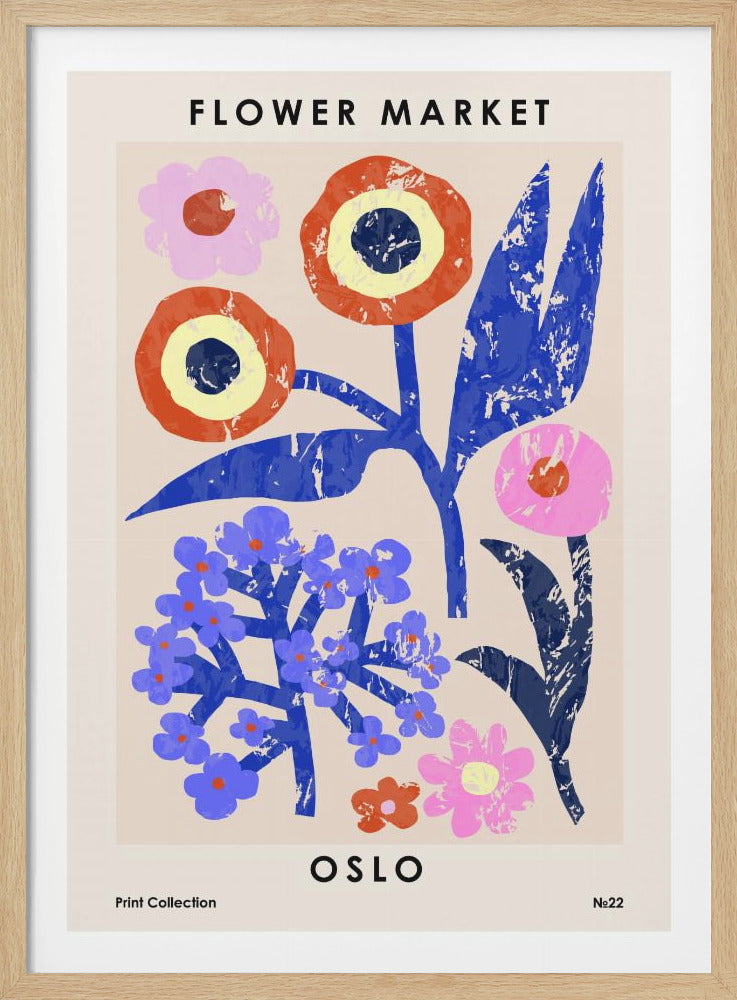A modern art print titled 'Flower Market Oslo' featuring stylized, abstract flowers in bold primary colors like blue, red, and yellow, along with pink and periwinkle, on a light beige background. The art has a textured, paper cut-out feel and is shown in a black frame. Wall Art
