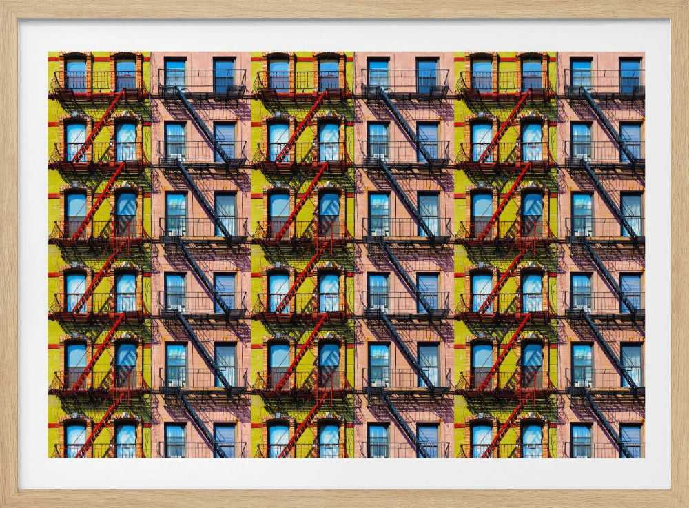 A pop-art style repeating pattern of a colorful apartment building facade featuring pink and yellow walls, windows reflecting a blue sky, and a network of black and red fire escapes, enclosed in a silver frame. Artwork