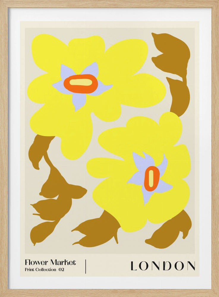A retro-style art print of two large, abstract yellow flowers with periwinkle blue and orange centers. The flowers are set against a cream background with brown leaves. Text at the bottom reads 'Flower Market | Print Collection 02' and 'LONDON'. Decor