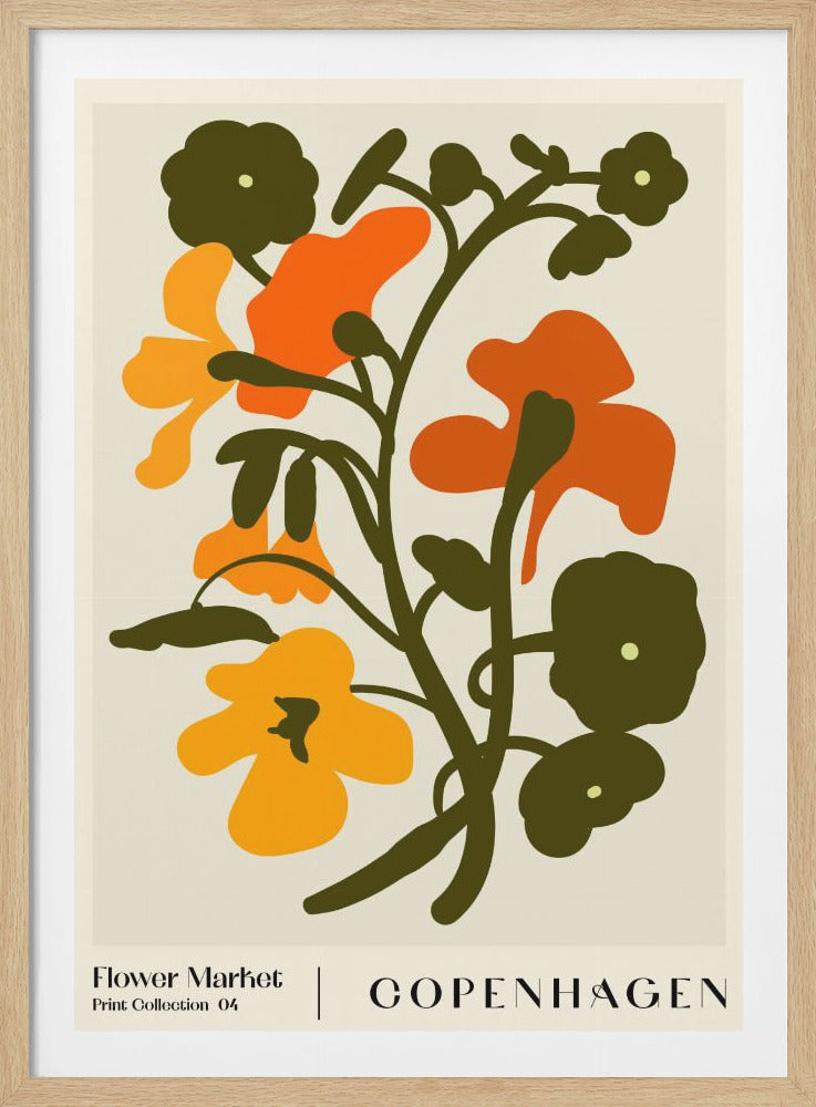 A vintage-style art print of a flowering plant with bold orange, yellow, and olive green flowers and leaves on a cream background. Text at the bottom reads 'Flower Market, Print Collection 04, COPENHAGEN'. Wall Art