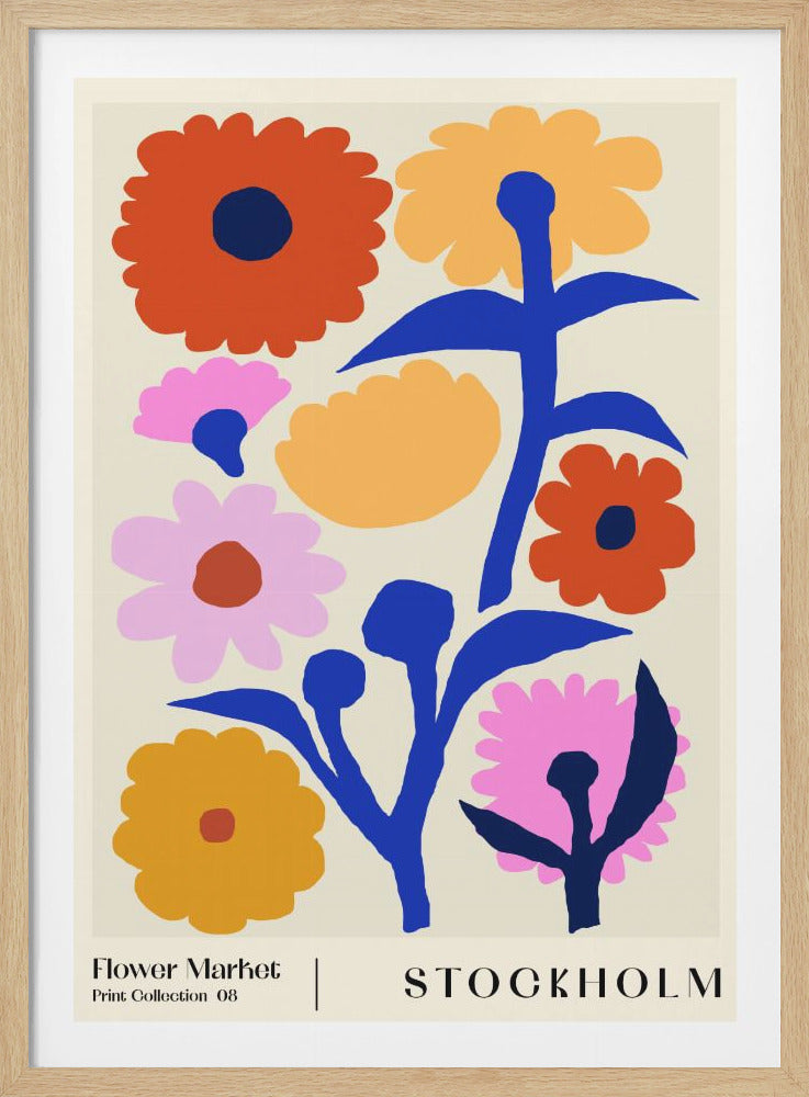 A modern art poster titled 'Flower Market Stockholm' featuring a collection of stylized, colorful flowers. The flowers are depicted in vibrant shades of red-orange, pink, and yellow, with bold, blocky cobalt blue stems and leaves, all set against a light cream background. The composition has a flat, graphic quality reminiscent of paper cutouts. Print