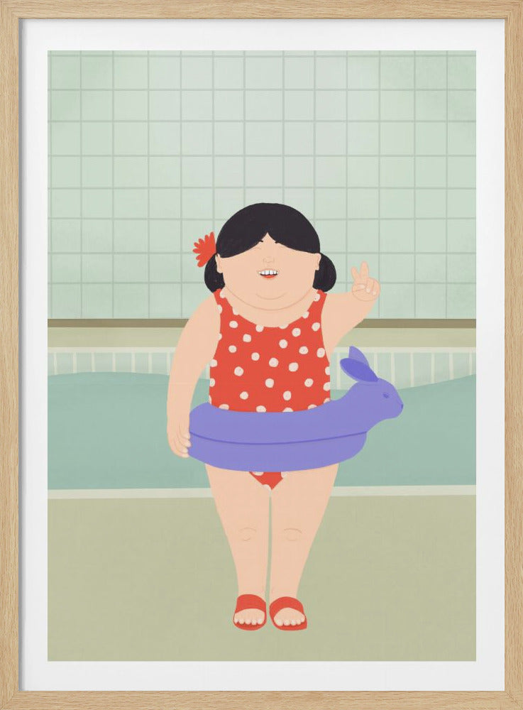 A stylized illustration of a happy, chubby girl with black pigtails standing by a pool. She wears a red and white polka dot swimsuit, a purple bunny-shaped floatie, and red sandals. She is smiling and holding up a peace sign. Poster
