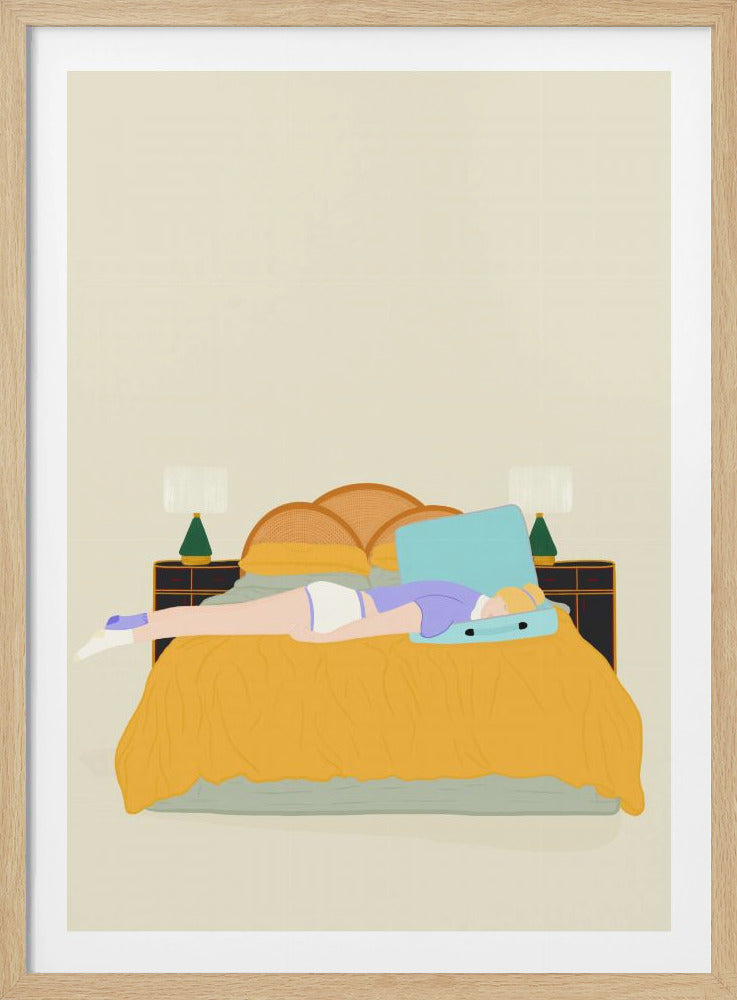 A minimalist illustration of a person with blonde hair lying face down on a bed with a yellow comforter. They are wearing a purple top and white shorts, propped up on a large blue pillow, possibly looking at a screen. The bed has a wicker headboard and is flanked by two dark nightstands with lamps. The background is a solid cream color. Poster