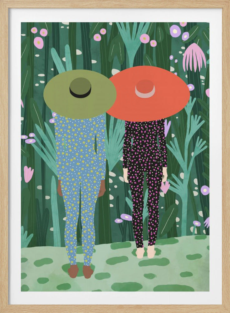 A vertical illustration of two figures seen from behind, standing in a lush, stylized green forest. The person on the left wears a blue jumpsuit with yellow stars and a large olive green sun hat. The person on the right wears a black jumpsuit with pink diamond shapes and a large red-orange sun hat. The background is filled with various green plants and small pink and purple flowers. Decor