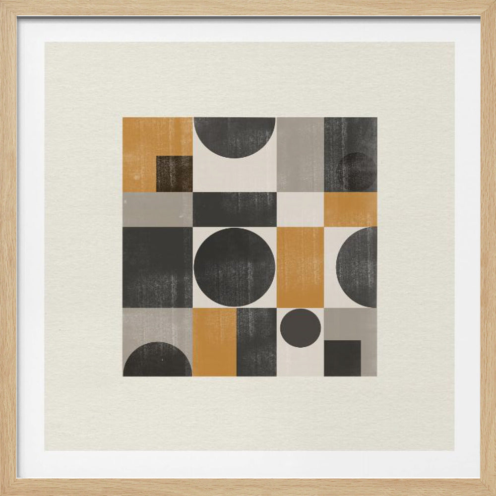 A framed abstract art piece featuring a four-by-four grid. Each square within the grid contains geometric shapes like circles, semi-circles, and rectangles in a color palette of charcoal black, mustard yellow, grey, and off-white, all with a distressed, textured finish. Poster