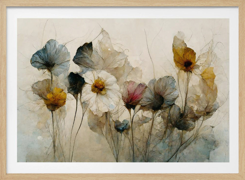 An abstract watercolor painting of delicate flowers in muted tones of blue, yellow, white, and pink against a light beige background. The flowers have a translucent, papery texture with thin, wiry stems, all presented within a silver frame. Poster