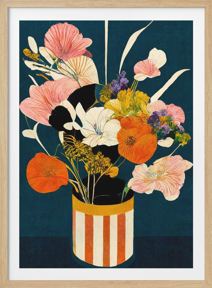 A stylized, colorful illustration of a bouquet of various flowers in a striped vase against a dark teal background. The flowers are rendered in a flat, graphic style with shades of pink, orange, white, and yellow. The vase features bold vertical orange and off-white stripes with a yellow band at the top. Print