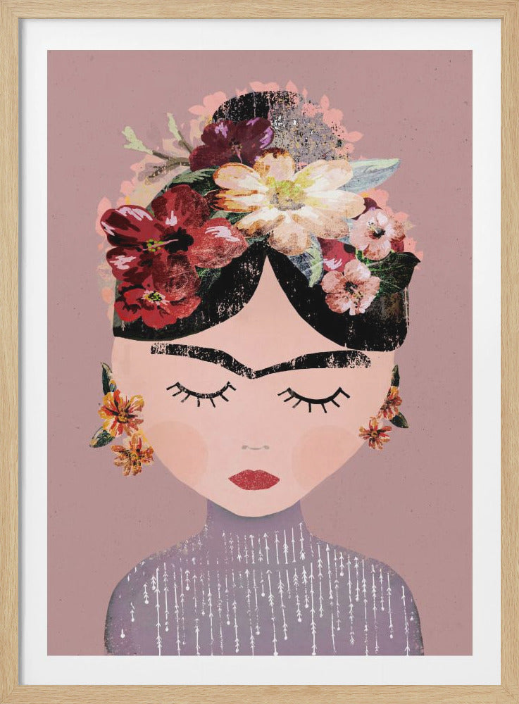 Stylized illustration of a woman with closed eyes, reminiscent of Frida Kahlo, featuring a prominent unibrow and a large, colorful floral headdress. She wears a lavender top against a dusty pink background. Artwork