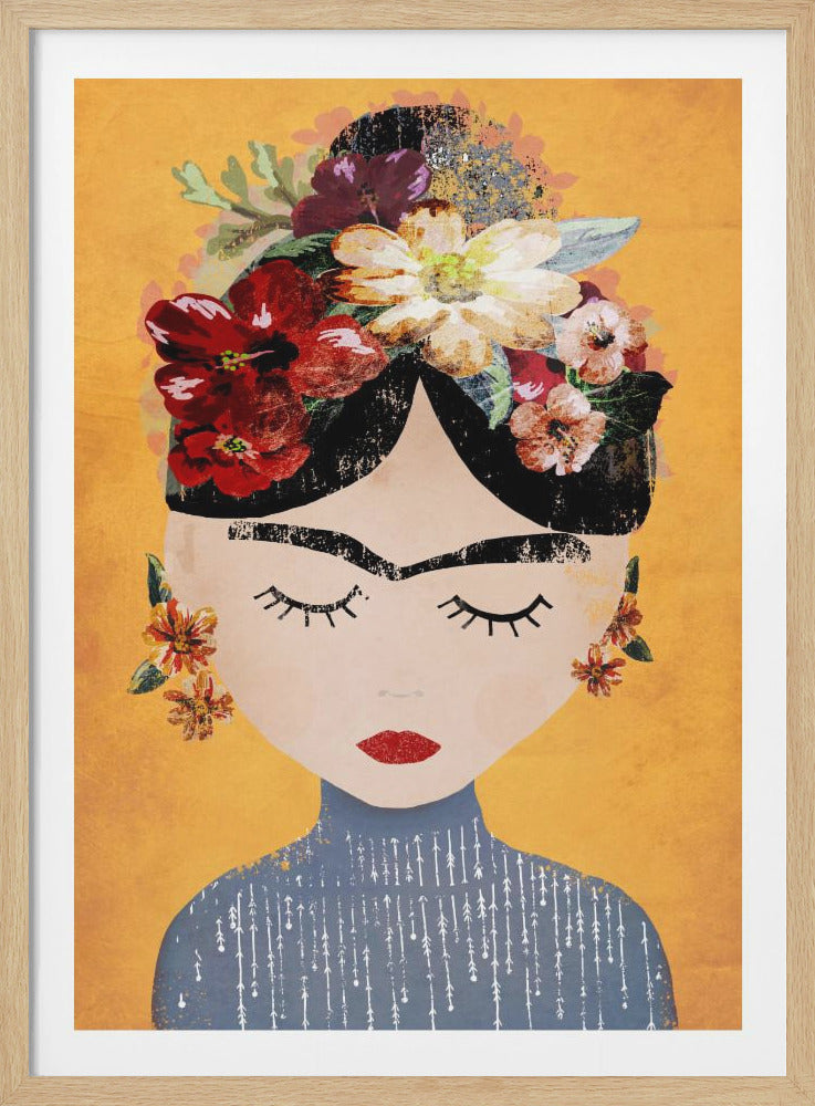 A stylized illustration of Frida Kahlo against a textured golden-yellow background. She has her eyes closed, wears a large crown of colorful flowers, and sports her iconic unibrow and red lipstick. She is dressed in a patterned blue turtleneck sweater. Poster